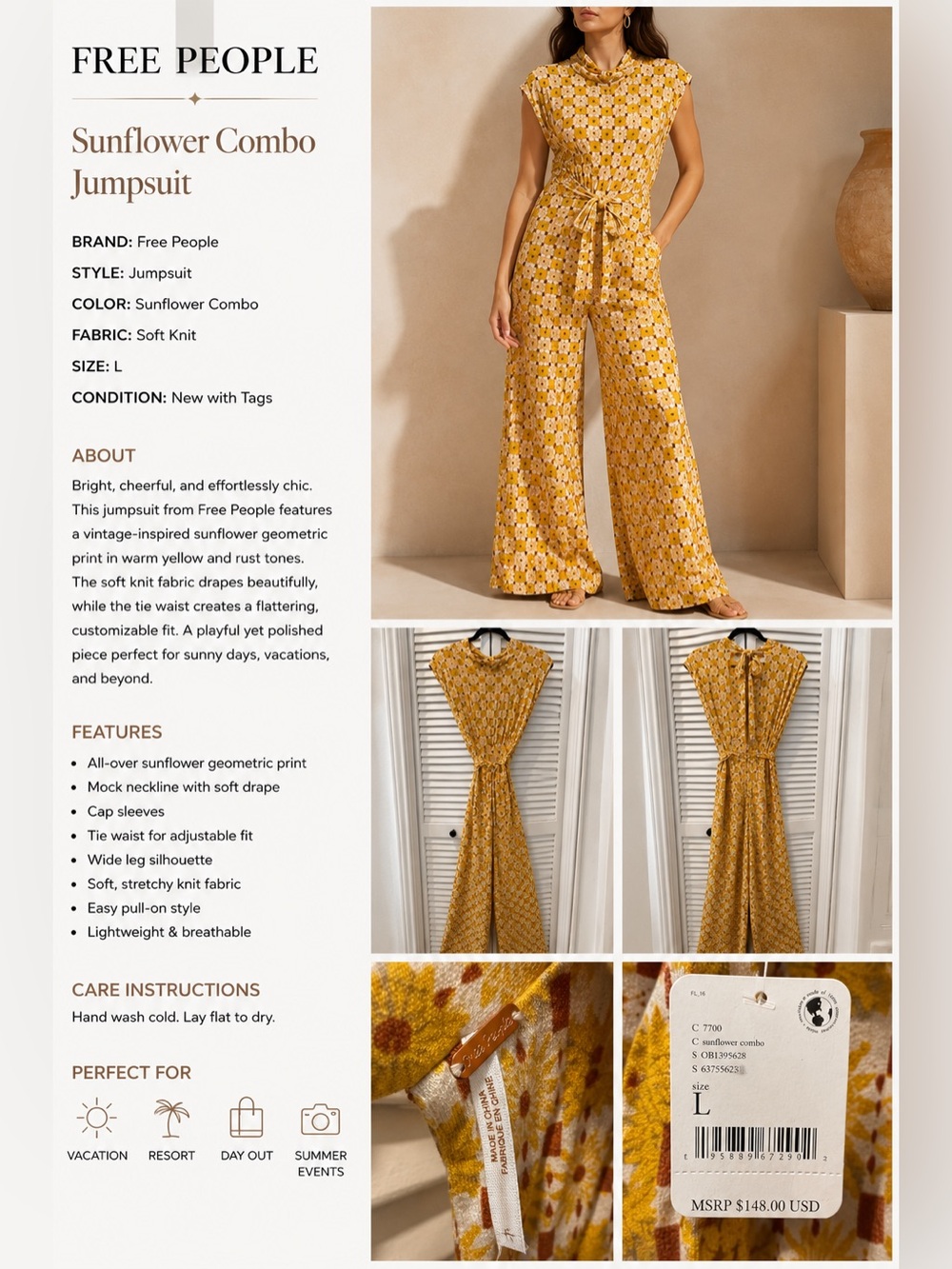 NWT Free People Sunflower Combo Mock Neck Tie Back Wide Leg Jumpsuit Size L